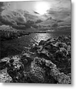Blank And White Stormy Mediterranean Sunrise In Contrast With Black Rocks And Cliffs In Menorca Metal Print