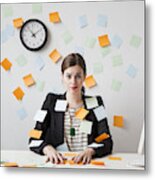 Studio Shot Of Young Woman Working In Office Covered With Adhesive Notes Metal Print