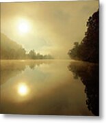 Sun Rising Through A Misty James River Metal Print