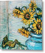 Sunflowers And Frog Metal Print