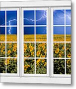 Sunflowers And Lightning 24 Pane Window View Metal Print