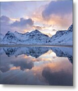 Sunrise And Mountains Reflected In Sand Metal Print