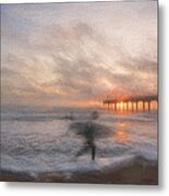 Sunrise Surfer By The Pier Metal Print