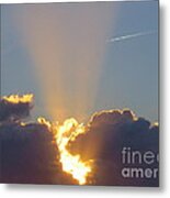 Sunset Rays Bursting Through The Clouds With Jet Stream From Aircraft. Metal Print