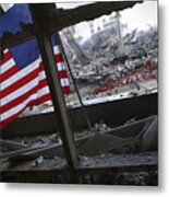 The American Flag Is Prominent Amongst The Rubble Of What Was Once The World Trade Center. Metal Print