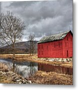 The Red Barn By Stream Metal Print