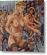 Bridget With Naked Riders In Suburban Street. Metal Print