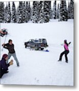 Three Adults Playing Snow Baseball Metal Print