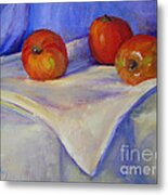 Three Apples With Blue And White Metal Print