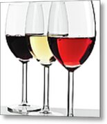 Three Wine Glasses, White, Red And Rose Metal Print