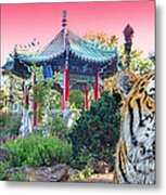 Tiger By A Chinese Pagoda Metal Print