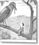 Tiny Man Looks Up At Bird As He Sits On A Branch Metal Print