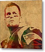 Tom Brady New England Patriots Quarterback Watercolor Portrait On Distressed Worn Canvas Metal Print