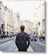 Tourist With Backpack Walking On Regent Street In London, Uk Metal Print