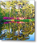 Tree Reflections And Pink Flowers By The Blue Water By Jan Marvin Studios Metal Print