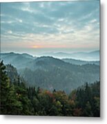 Trees And Mountain Range Against Cloudy Metal Print