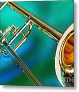 Trombone Against Green And Blue In Color 3204.02 Metal Print