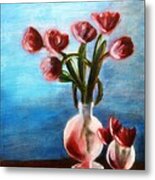 Tulips Still Life In Red In Rounded Vase With Water And Pink And Blue And Green Table Flowers Mendyz Metal Print