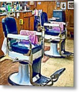 Two Barber Chairs With Pink Striped Barber Capes Metal Print