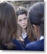 Two Girls (12-13) Bullying Other School Girl (10-11), Differential Focus Metal Print