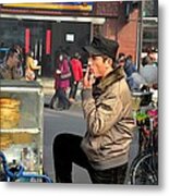 Uighur Street Side Bread Vendor Smokes Shanghai China Metal Print