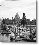 Victoria Harbour With Parliament Buildings - Black And White Metal Print