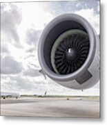 View Of A380 Aircraft Jet Engine And Planes On Runway Metal Print