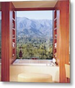 View Of Mountain Through Bathroom Window Metal Print