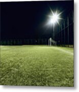 View Of Soccer Field Illuminated At Night Metal Print