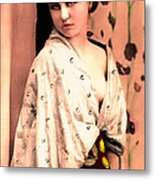 Vintage Lady In Kimono Peach Metal Print