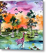 Watercolor Landscape Wetland Nature With Spoonbill Metal Print