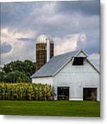 White Barn And Silo With Storm Clouds Metal Print