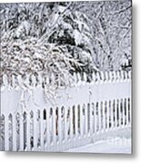 White Fence With Winter Trees Metal Print