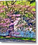White Picket Fence By Flowering Trees Metal Print