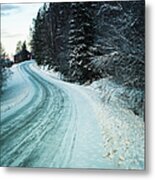 Winding Road In Sweden During Winter Metal Print