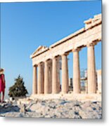 Woman in front of Parthenon temple on the Acropolis, Athens, Greece Metal Print