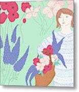 Woman In Garden With Basket Of Flowers Metal Print