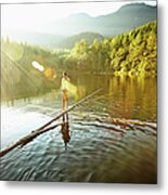 Woman Walking On Log In Alpine  Lake Metal Print