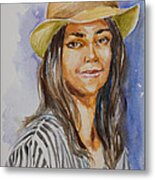 Woman With Straw Hat Metal Print
