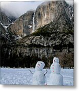Yosemite Falls Snowmen Metal Print