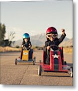 Young Business Boys In Suits Race Toy Cars Metal Print