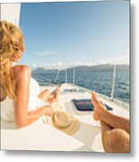 Young Couple Relaxing On Sailing Boat Metal Print