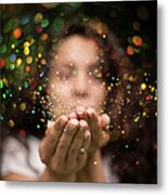 Young Woman Blows Glitter Into The Air Metal Print