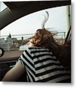 Young Woman Leaning Out Of Car Window Metal Print