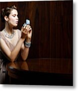 Young Woman Looking At Engagement Ring In Box Metal Print