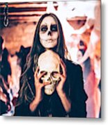 Young Woman With Skeleton Make-up Holding Skull At Halloween Party Metal Print