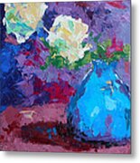 Yellow Roses In A Blue Vase #1 Metal Print