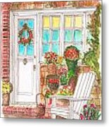 A Door With A Chair And A Lot Of Flowers Metal Print