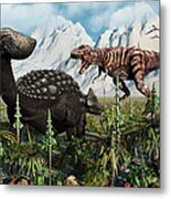 A T. Rex Confronts An Ankylosaurus Metal Print
