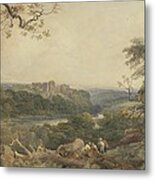 Castle Above A River - Woodcutters In The Foreground Metal Print